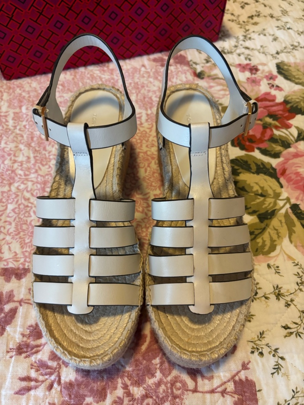 Tory Burch Ivory Vachetta Leather Strappy Espadrille Wedges Sandals - Picture 12 of 16